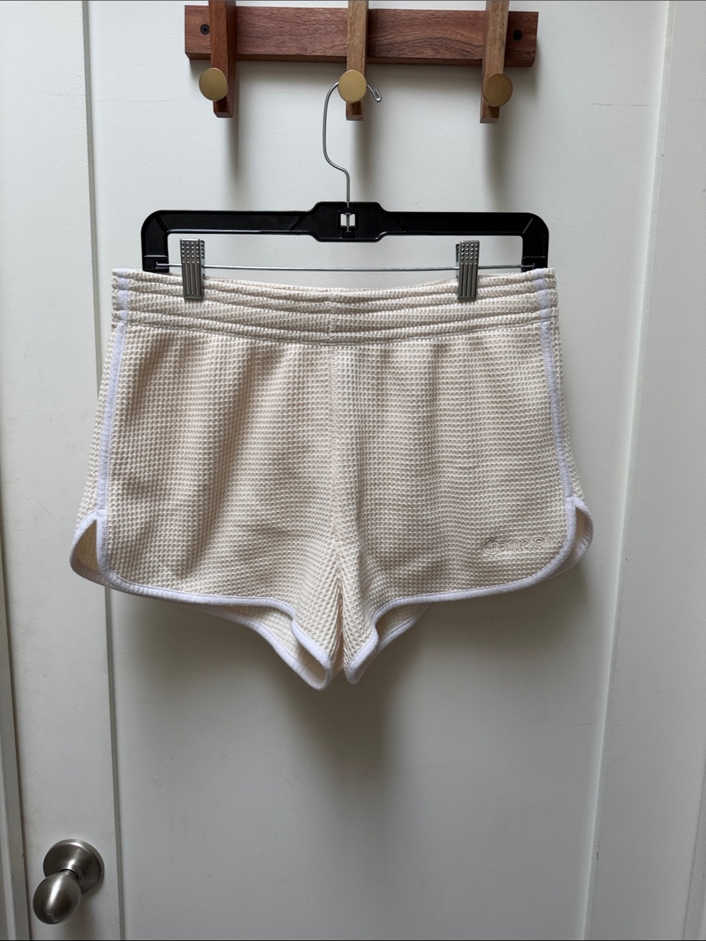 Champion Cream Waffle Knit Lounge Shorts with White Trim